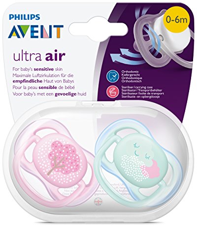 Philips Avent SCF343/20 - Pack con 2 chupetes Ultra Air decorados, de 0 a 6 meses, niña, color rosa y azul