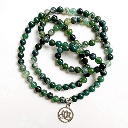 Piedra de ágata verde musgo natural cuentas de cristal cristales espirituales flor de loto 108 collar de cuentas de Mala de oración budista personalizado 1 pieza