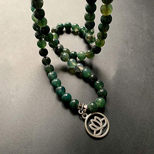 Piedra de ágata verde musgo natural cuentas de cristal cristales espirituales flor de loto 108 collar de cuentas de Mala de oración budista personalizado 1 pieza