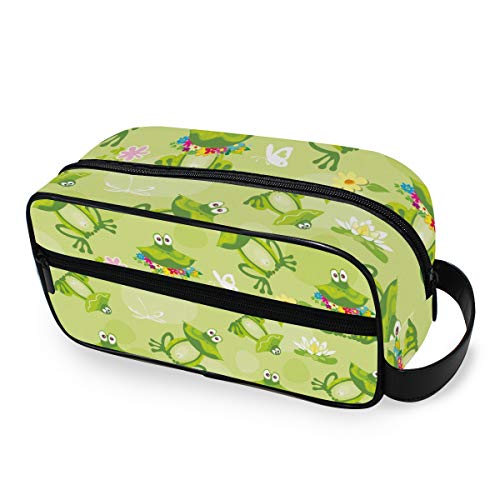 Ranas sapos y flores sobre fondo verde Herramientas Estuche de tren cosmético Bolsillos Bolsa de maquillaje portátil Almacenamiento Toalla de viaje Bolsa