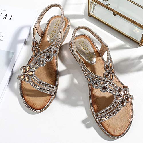 Sandalias de Mujer Veran Tamaño Grande Bohemian Flor de Strass Plano Boca de Pescado Sandalias de Playa Zapatillas y Chanclas para Mujeres Zapatos Vestir de Fiesta riou 36-42