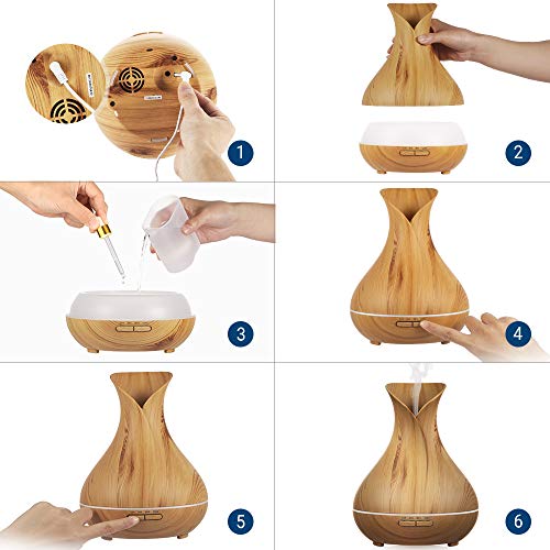 Simpeak Humidificador Ultrasónico 400ML, Difusores Humidificadores Aromas, Difusor de Aceites Esenciales, 7 Color LED, Humificador Oficina, Yoga, SPA, Bebé, Madera Marron