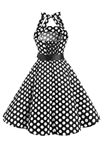 Timormode 10212 Vestido De Vintage Cóctel 50s Elegante Mujer con Cinturón Negro Blanco XS