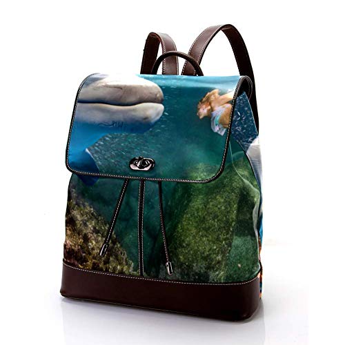 TIZORAX Dolphin Underwater Meets A Rubia Sirena PU Cuero Mochila Moda Bolso de Hombro Mochila Bolsa de Viaje para Mujeres Niñas