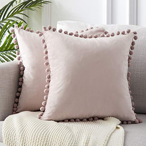 Topfinel Juego de 2 Cojines Fundas Terciopelo Decorativa Hogar Almohadas Fundas con pelota de Color Sólido Para Cama Sofás Sala de Estar Dormitorio Sala de Estudio Jardín Coche 40x40cm Rosa