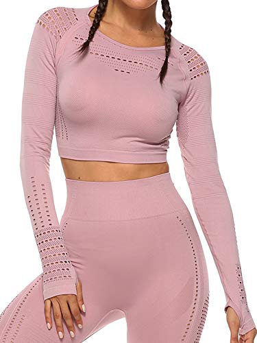 Tops Yoga Camiseta Deportiva Sin Costura Mangas Larga Fitness Mujer Gimnasio #1 Rosa Chica
