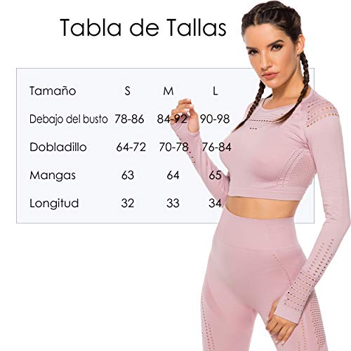 Tops Yoga Camiseta Deportiva Sin Costura Mangas Larga Fitness Mujer Gimnasio #1 Rosa Chica