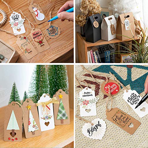 UNEEDE 200 piezas Etiquetas de Papel Kraft Tarjetas Decorativas de Regalo con 30 Metros de Cuerda de Yute para tienda, bodas, cumpleaños y Navidad