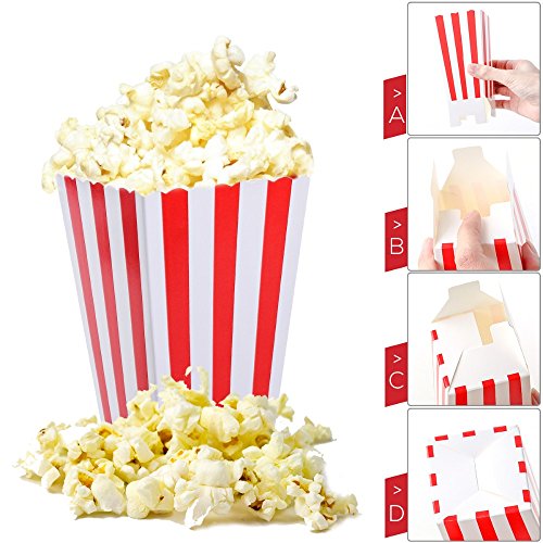 VAINECHAY 12PCS Cajas de palomitas Carton Maíz Caja Papel Pequeña Dulces Papas Fritas Fiesta Cumpleaños para Niños Caja Regalo Comida Bocadillos Titulares Contenedor Onda Dorada Rojo