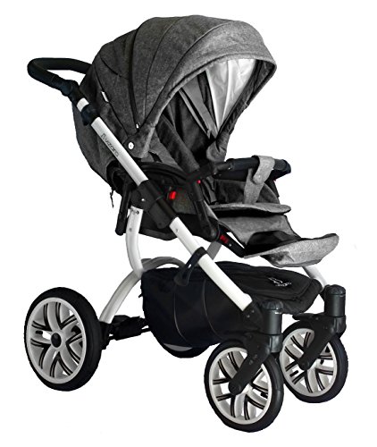 Vizaro PEARL 2020 DÚO 2 en 1 - Cochecito Bebé GAMA ALTA - MARCA ESPAÑOLA - Muy Elegante - Garantía 3 Años - Textil GRIS DENIM Chasis BLANCO
