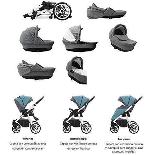 Vizaro PEARL 2020 DÚO 2 en 1 - Cochecito Bebé GAMA ALTA - MARCA ESPAÑOLA - Muy Elegante - Garantía 3 Años - Textil GRIS DENIM Chasis BLANCO