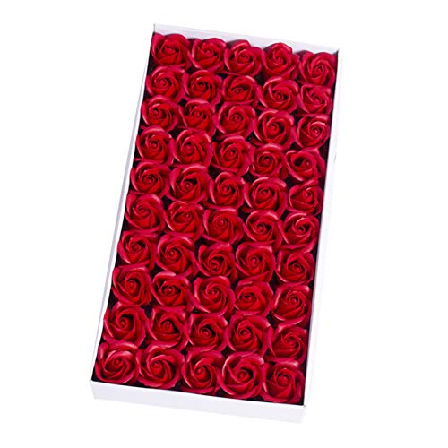 XuanMax 50pcs Rosas Pétalo Flores de Jabón en Caja Bouquet de Flores Artificiales Jabón de Flores de Perfumada Baño Cuerpo Regalo para Boda Decoración San Valentín Día de la Madre - Rojo