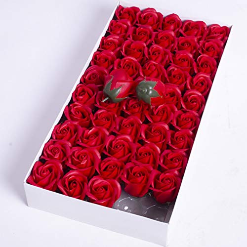 XuanMax 50pcs Rosas Pétalo Flores de Jabón en Caja Bouquet de Flores Artificiales Jabón de Flores de Perfumada Baño Cuerpo Regalo para Boda Decoración San Valentín Día de la Madre - Rojo