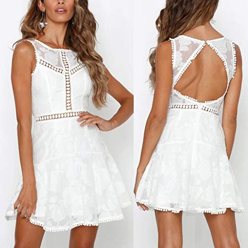 YWLINK Verano Vestidos De CóCtel Blanco Moda para Mujer Sexy Sin Espalda Sin Mangas del CordóN del O-Cuello Ahueca hacia Fuera Un Mini Vestido Vacaciones En La Playa