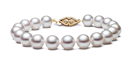 14 K amarillo oro Hanadama calidad blanco japonés de la pulsera de la perla de Akoya cultivada, 17,78 cm