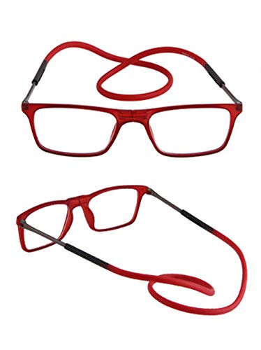 2-Pack Gafas de Lectura Magnéticas Plegables para Hombre y Mujer +2.50(60-64 años) Presbicia Vista Montura Regulable Colgar del Cuello y Cierre con Imán, Negro + Rojo
