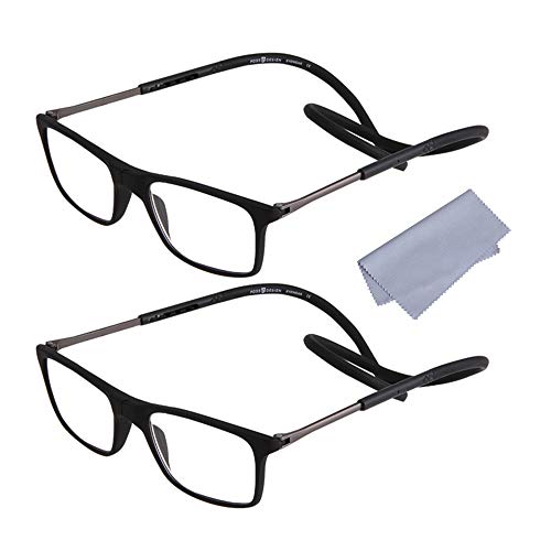 2-Pack Gafas de Lectura Magnéticas Plegables para Hombre y Mujer +2.50(60-64 años) Presbicia Vista Montura Regulable Colgar del Cuello y Cierre con Imán, Negro