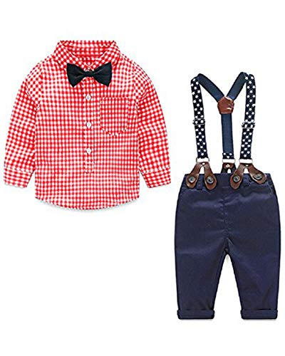 Americanas niño Babe Rope Camisa roja de Manga Larga + Pantalones + Pajarita + Tirantes Traje de Caballero de Cola de Golondrina de 4 Piezas para niño（Rojo，9-12 Meses）