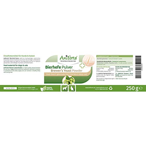 AniForte levadura Pura de Cerveza en Polvo para Perros y Gatos 250g - Pelo Brillante y Fuerte, Piel Vital, Rica en vitaminas B, minerales, oligoelementos, Producto Natural