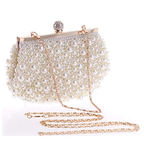 BAIGIO Cartera de Mano Fiesta, Clutch Mujer Blanco Bolso de Noche Perlas Bolso de Embrague para Ceremonia Boda Novia