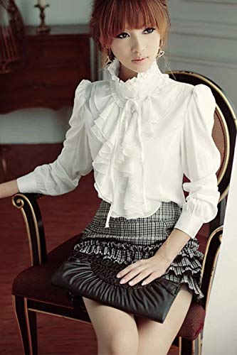 Blusas con Volantes De Loto De Manga Larga Lolita Victoriana Vintage para Mujer Beige M
