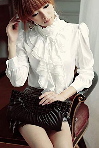 Blusas con Volantes De Loto De Manga Larga Lolita Victoriana Vintage para Mujer Beige M