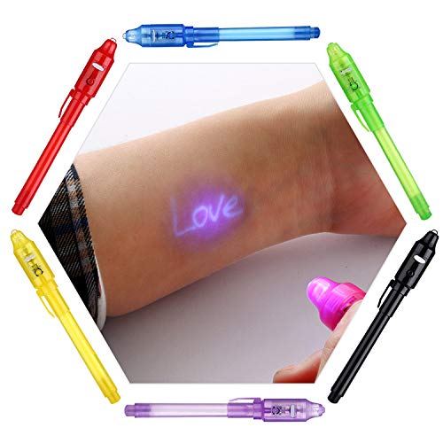 Bolígrafo de Tinta Invisible lápiz espía con rotulador mágico de luz UV para Mensajes Secretos y Fiestas para Cumpleaños Infantiles Festival de Música Fiesta … (6 Bolígrafos)