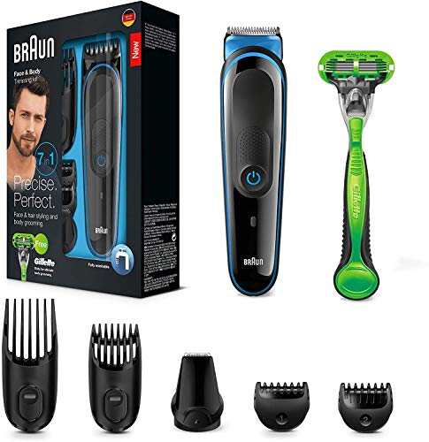 Braun MGK3042 7 en 1 Recortadora todo en uno, Máquina recortadora barba y cortapelos, recortadora para pequeños detalles, color negro/azul