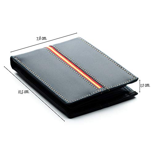 Cartera Hombre Piel Bandera Legado Vox II Azul con Monedero para Monedas, Billetera Capacidad Varios Billetes Fabricado en España, de Cuero. (Horizontal)