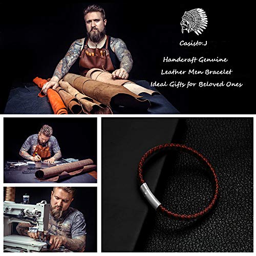 Casisto.J Pulsera cuero hombre - Pulsera trenzada hecha a mano clásica en negro y marrón con cierre magnético grabado Joyas gratis en caja (marrón, 21)
