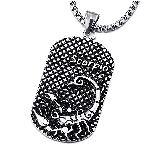 COOLSTEELANDBEYOND Vintage Horóscopo Zodiaco Signos Escorpio Scropio Perro Etiqueta Dog Tag Colgante Collar Acero Inoxidable, Cadena de Trigo 75CM, Doce Constelaciones, Hombre Mujer