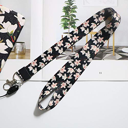 Correa para el cuello de gran calidad con estampado de colores por los dos lados, ideal para móviles, acreditaciones, llaves, USB, MP3, color Flor blanca.