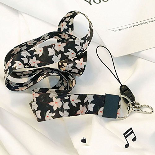 Correa para el cuello de gran calidad con estampado de colores por los dos lados, ideal para móviles, acreditaciones, llaves, USB, MP3, color Flor blanca.