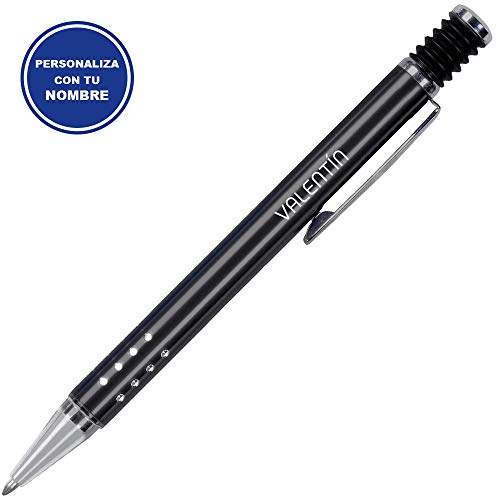 Daytona Bolígrafo para Regalar PERSONALIZADO (Nombre o Texto) • Boligrafos Elegantes con cuerpo Metálico en Negro y Pulsador de Goma • Boligrafos para Regalar Economicos y Originales