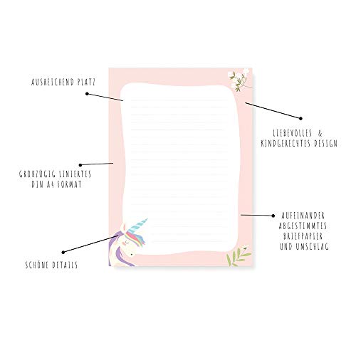 Friendly Fox - Papel de carta infantil UNICORNIO con líneas, 20 hojas con sobre, para niños y niñas
