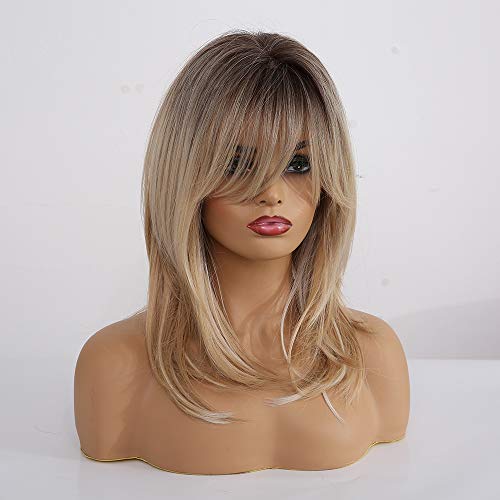 HAIRCUBE Pelucas rubias largas y rizadas Pelucas sintéticas hasta los hombros para mujeres con flequillo Pelucas de cabello rubio claro de raíz oscura de 18 pulgadas para mujeres blancas y niñas