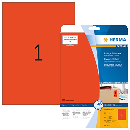Herma 4422 - Pack de 20 etiquetas, 210 x 297 mm, color rojo
