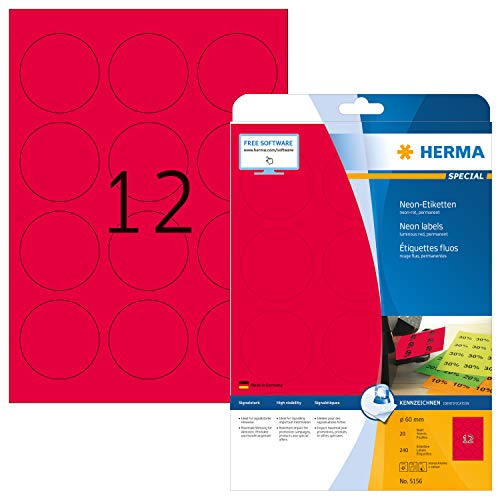 Herma 5156 - Pack de 240 etiquetas, diámetro 60 mm, color rojo fluorescente