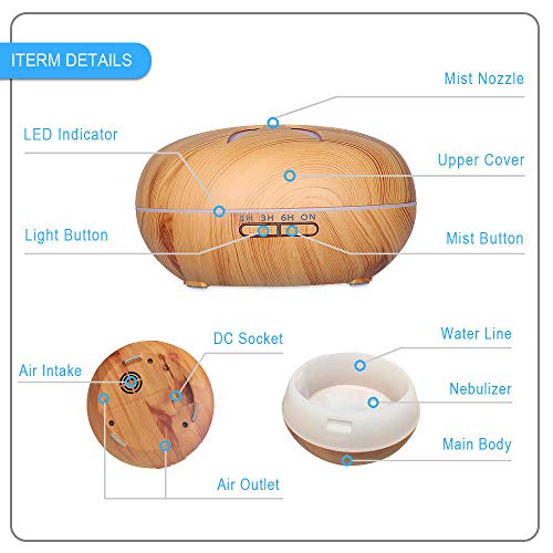 Humificador Difusor De Aceite Esencial De Aromaterapia 500Ml Difusor De Luces Led De Colores Difusor De Aroma De Grano De Madera Humidificador De Aire Ultrasónico De Niebla Fría-831 Grano De Madera C