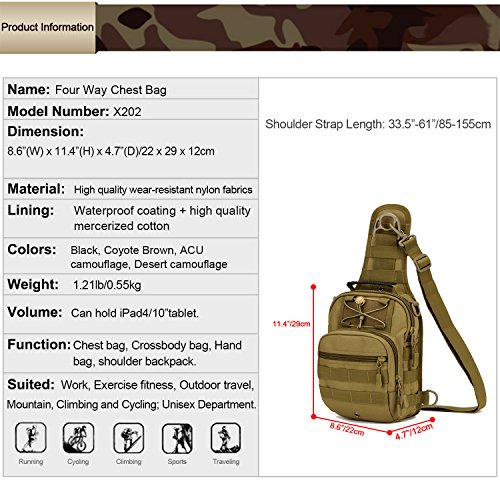Huntvp Mochila Táctical Mochila de Hombro Mochila de Bandolera Mochila de Pecho Estilo Militar Bols Hombre Riñoneras Mochilas Cruzadas Bolso Impermeable, Marrón