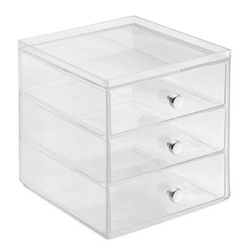iDesign Organizador de maquillaje con 3 cajones, compacta minicómoda apilable de plástico, mini cajonera para productos de belleza y cosméticos, transparente