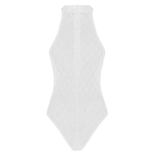 iiniim Body Transparente Sexy Mujer Mono sin Mangas Atractiva Ropa Lencería Erótica Ropa Interior Encaje Conjunto Cómodo Vendaje Entrepierna Abierto Halter Corte Alto Noche Top Blanco One Size
