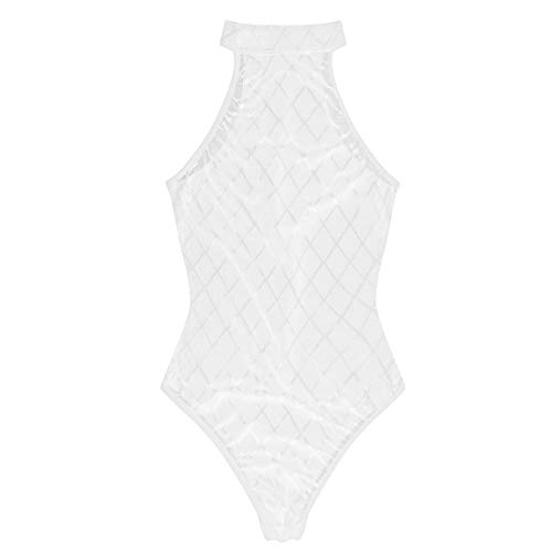 iiniim Body Transparente Sexy Mujer Mono sin Mangas Atractiva Ropa Lencería Erótica Ropa Interior Encaje Conjunto Cómodo Vendaje Entrepierna Abierto Halter Corte Alto Noche Top Blanco One Size