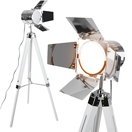Lámpara con Trípode de Madera - 40W / E14 / IP20 / Clase A++, Altura Ajustable y Foco Giratorio, Color a Elegir - Iluminación Interior Moderna y Decorativa de Pie de Estilo Retro y Vintage (Blanco)