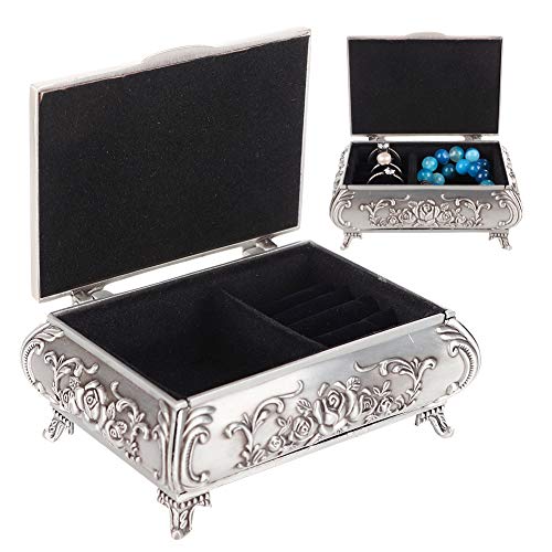 Metálico de Flores Joyero Antique Vintage,Joyería Flor Tallada Corona Diseño Estilo Antiguo Princess Maquillaje Organizador para el Anillo Almacenamiento Navidad Regalo de Cumpleaños (9 * 6.5 * 4)