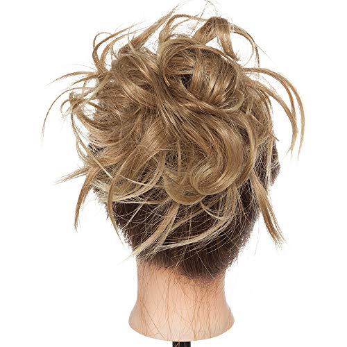 Moño Postizo Rizado Voluminoso Pelo Sintético Se Ve Natural Recogido Coletero Peinado Extensiones de Cabello Coleta Postiza Elegante para Mujer (Castaño Claro a Rubio Ceniza,45g)