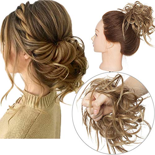 Moño Postizo Rizado Voluminoso Pelo Sintético Se Ve Natural Recogido Coletero Peinado Extensiones de Cabello Coleta Postiza Elegante para Mujer (Castaño Claro a Rubio Ceniza,45g)