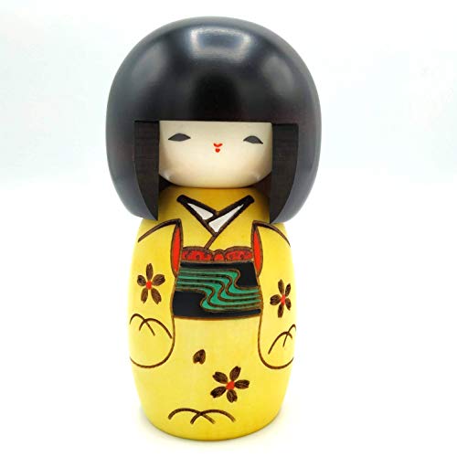 Muñeca Kokeshi de Madera Auténtica Chica Feliz Color Amarillo