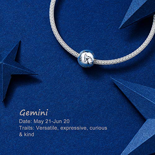 NINGAN Géminis Encantos del Cumpleaños de 12 Signos del Zodiaco - Encantos de Plata Esterlina de 925 Ajustan Pulsera & Collar - Regalos de cumpleaños Ideales para Mujeres y Amigos