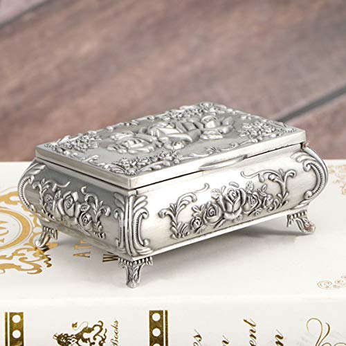 OUNONA - Joyero de metal tallado en rosa rectangular con anillo, organizador de anillos, caja de almacenamiento vintage para el día de la madre, regalo para mujeres y niñas
